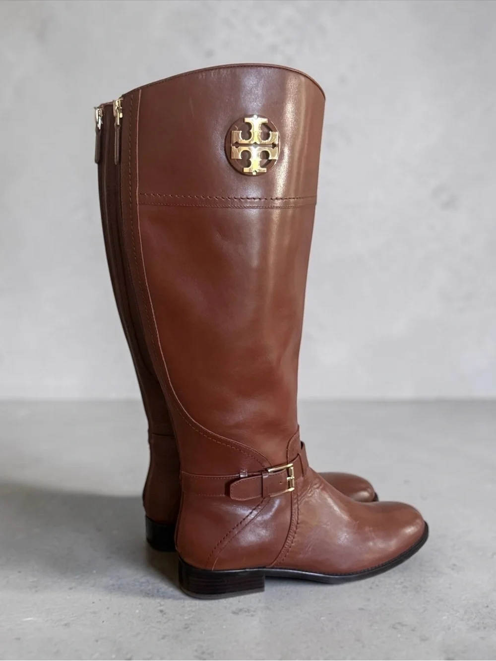 Tory Burch Chestnut Brown Leather Tall Riding Boots with Gold Logo Size 9.5